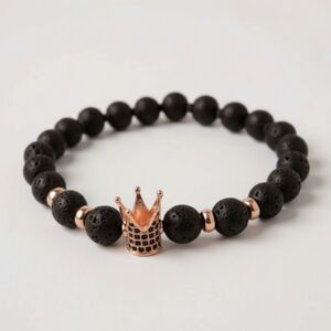Rose Gold Crown and Black Lava Stone Beads Bracelet